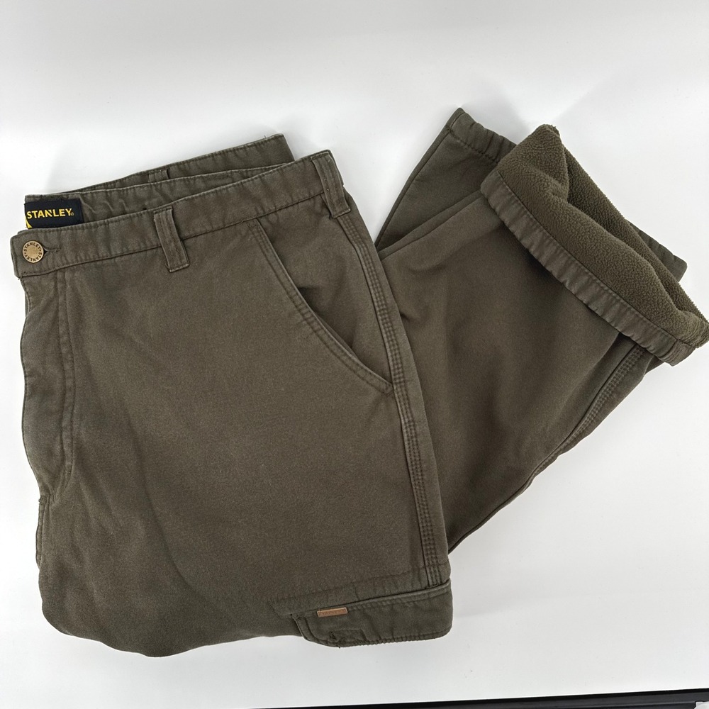 Stanley Cargo Pants 38x34 Olive Green Fleece Lined Cotton Canvas Work Trouser